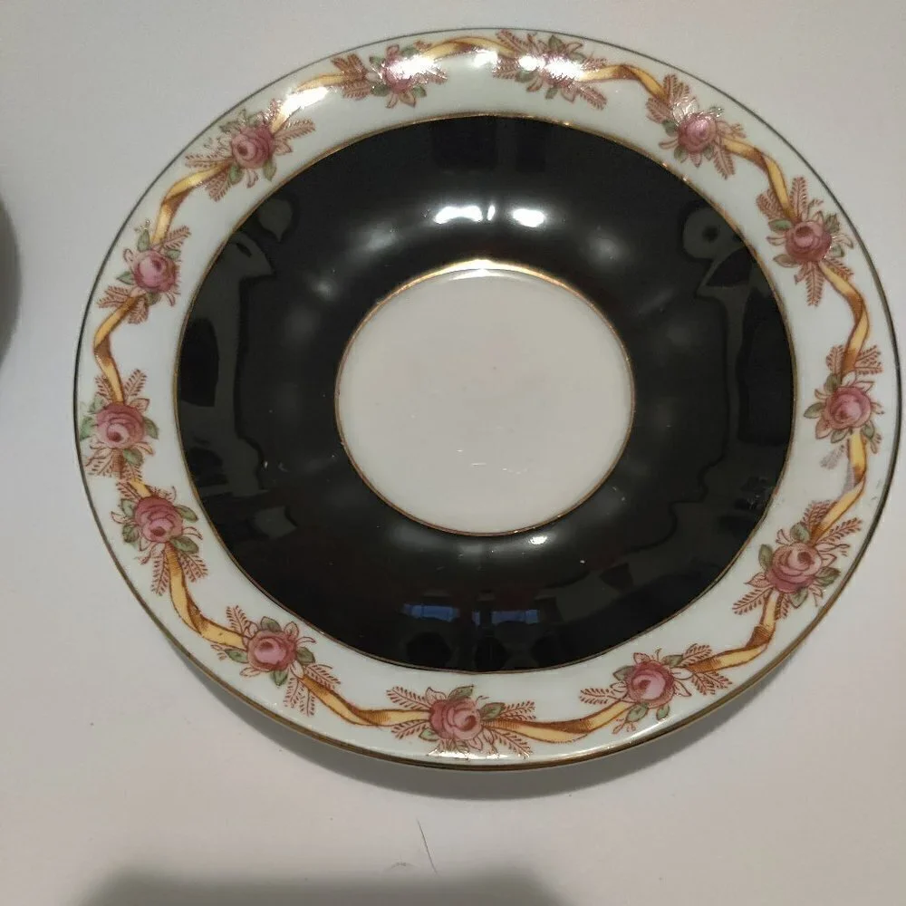 Adderley Teacup Made in England, Black With Ribbon of Florals & Gold, Excellent